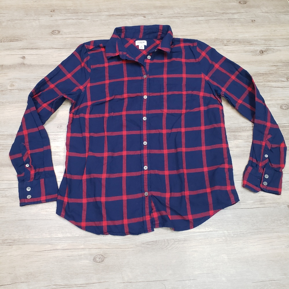 J.Crew Shirt Womens Medium Blue Red Plaid Button Up Long Sleeve Cotton AS352